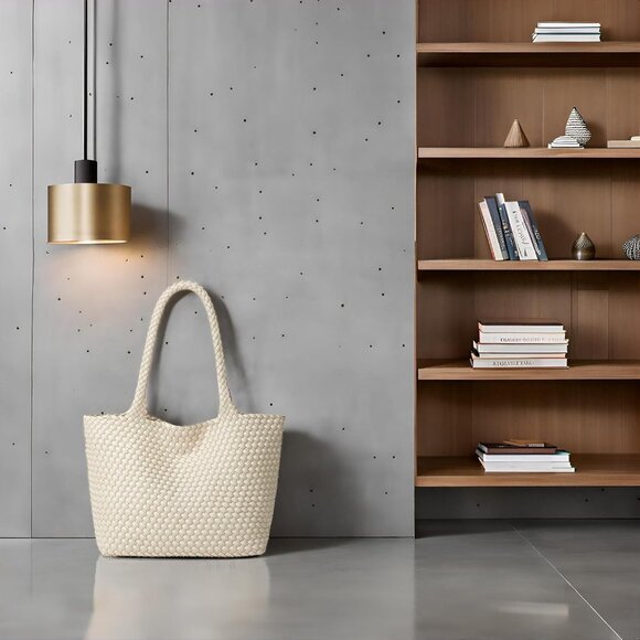 Handmade Woven Tote for Women - Elegant Khaki Beach Bag with Magnetic Closure - Picture 9 of 9